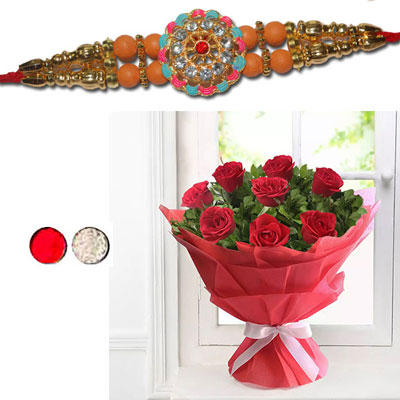 "Rakhi - FR- 8360 A (Single Rakhi), 10 Red Roses Flower Bunch - Click here to View more details about this Product